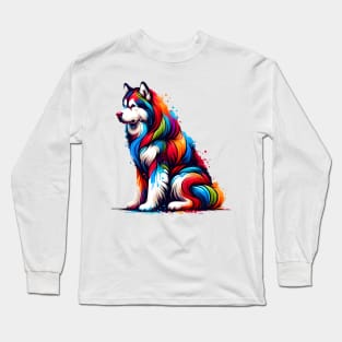 Vibrant Alaskan Malamute in Paint Splash Art Style Long Sleeve T-Shirt